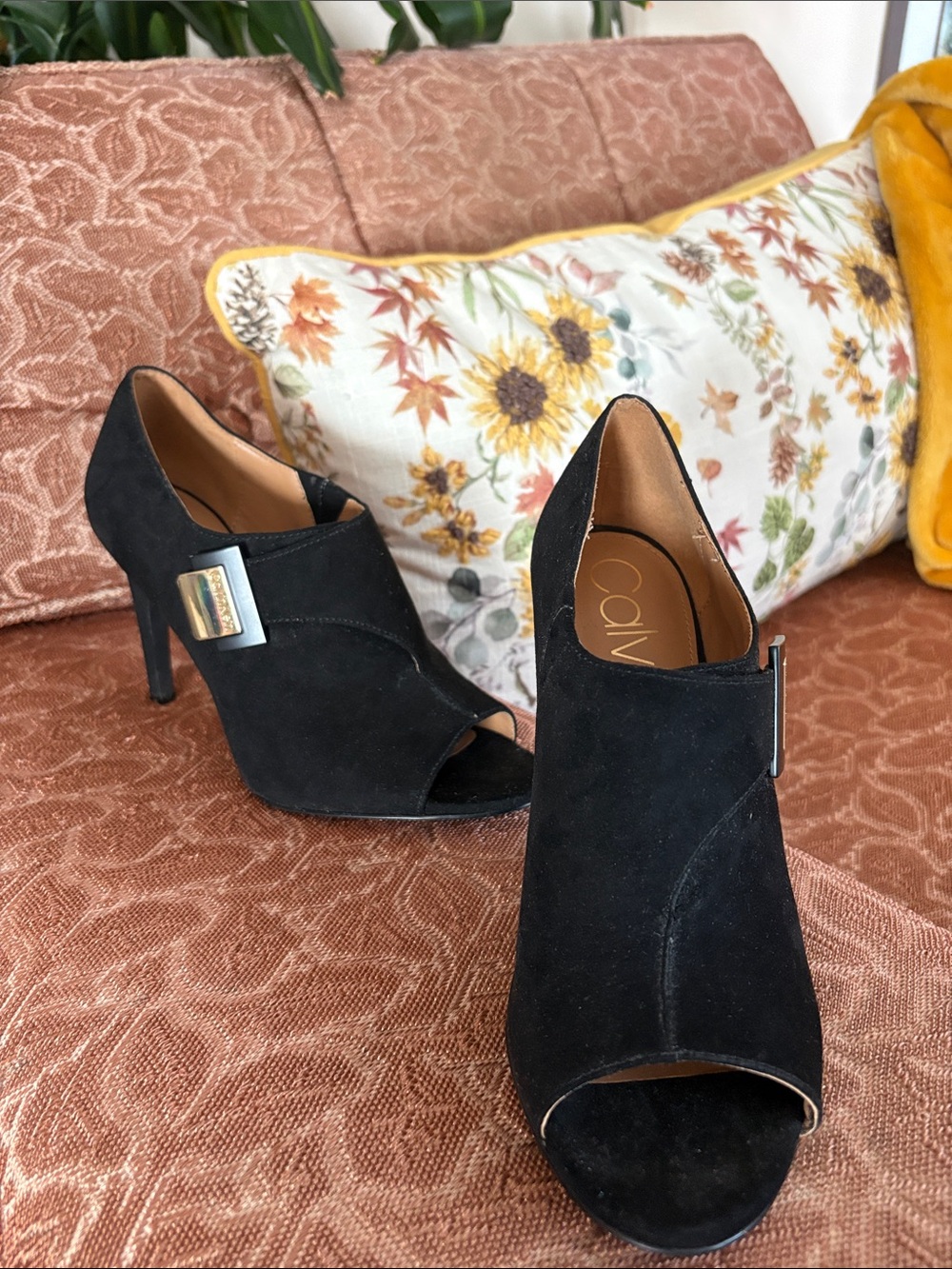 Calvin Klein Black Suede Open-Peep Toe stiletto Heels with gold Buckle